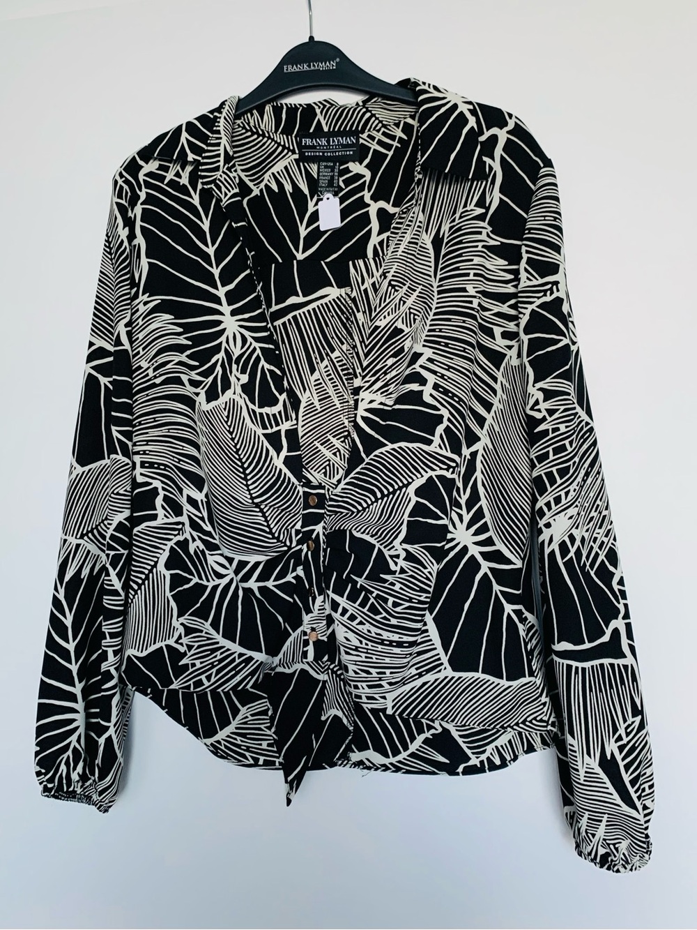 Frank Lyman Design Black and White Leaf Tie-Front Blouse - Picture 4 of 6